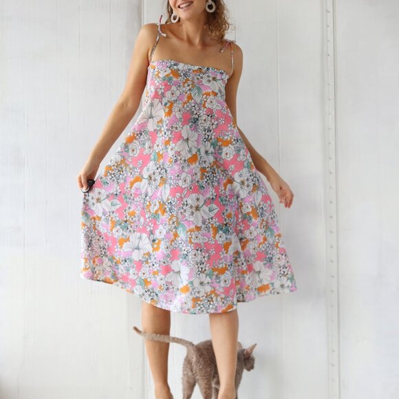 Vintage pink floral print thin cotton two-in-one maxi skirt dress xs s m - Picture 2 of 11